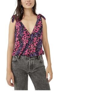 Free People Pink Purple Bare It All Tank Bodysuit V-Neck Scoop Back Tank Size L